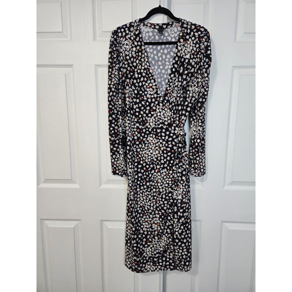 Ann Taylor 12 Black‎ Ditsy Floral Long Sleeve Wrap Midi Dress Stretch Jersey